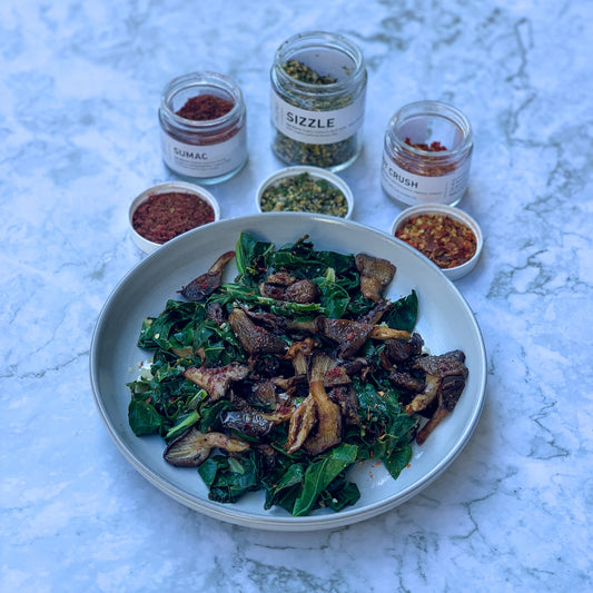 SUMAC OYSTER MUSHROOMS w/ COLLARD GREENS